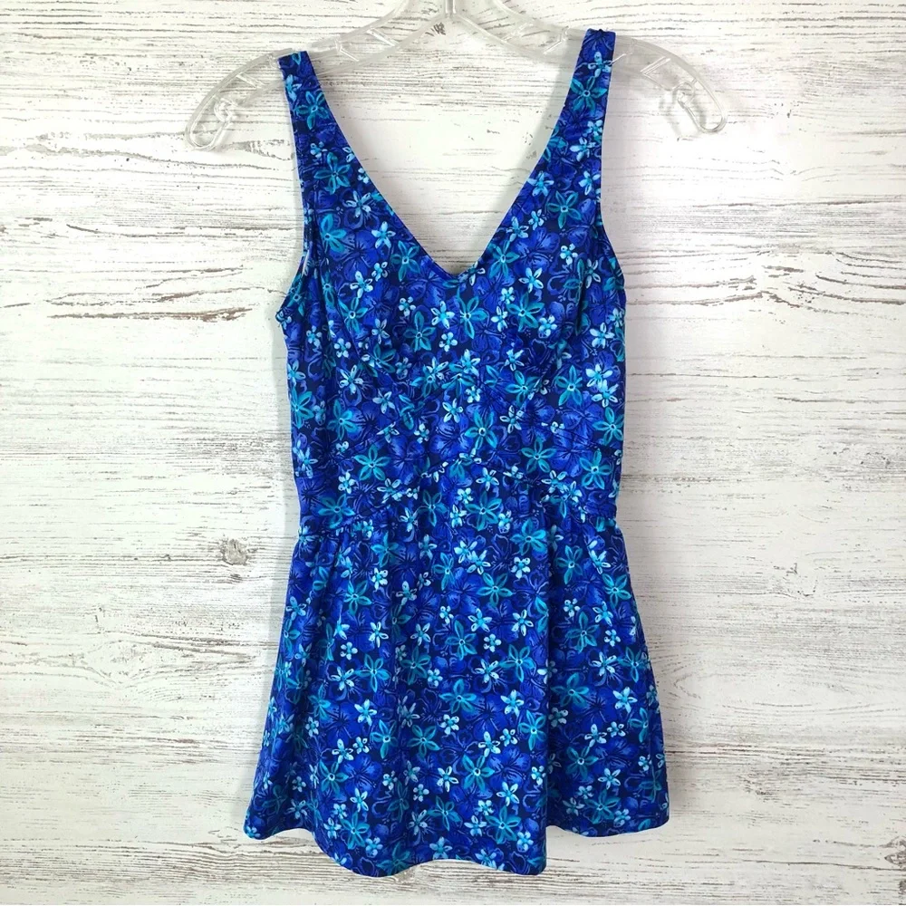 VINTAGE 80s MAXINE OF HOLLYWOOD Floral Skirted One Piece Swimsuit Made in USA 12